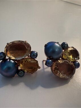Bounkit Blue Pearl and Champagne Crystal Cluster Stud Earrings